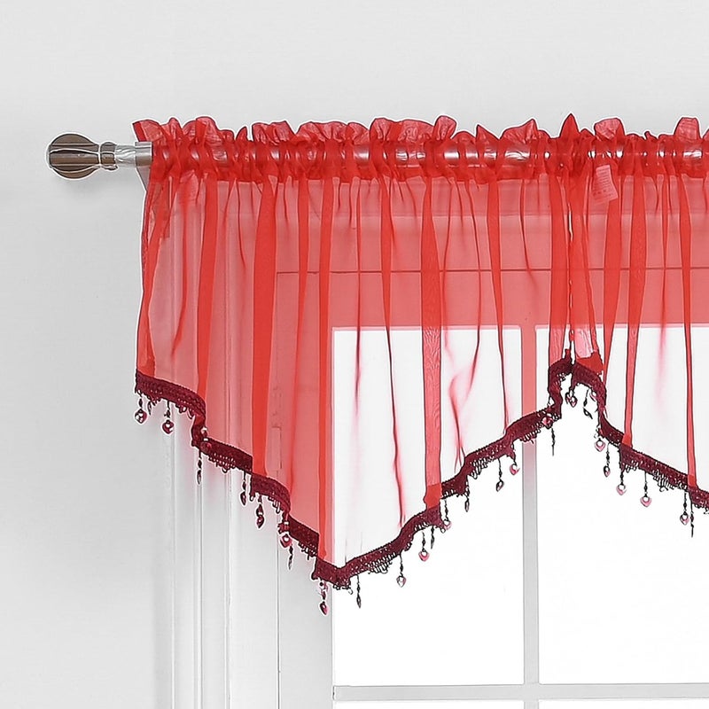 PearAge Beaded Sheer Valance Curtains for Living Room,Rod Pocket Farmhouse Window Valance, Bead Trim Tassel Voile Sheer Curtain Valance for Bedroom Bathroom Cafe 51x24 Inches (Red) 1PC - Image 1